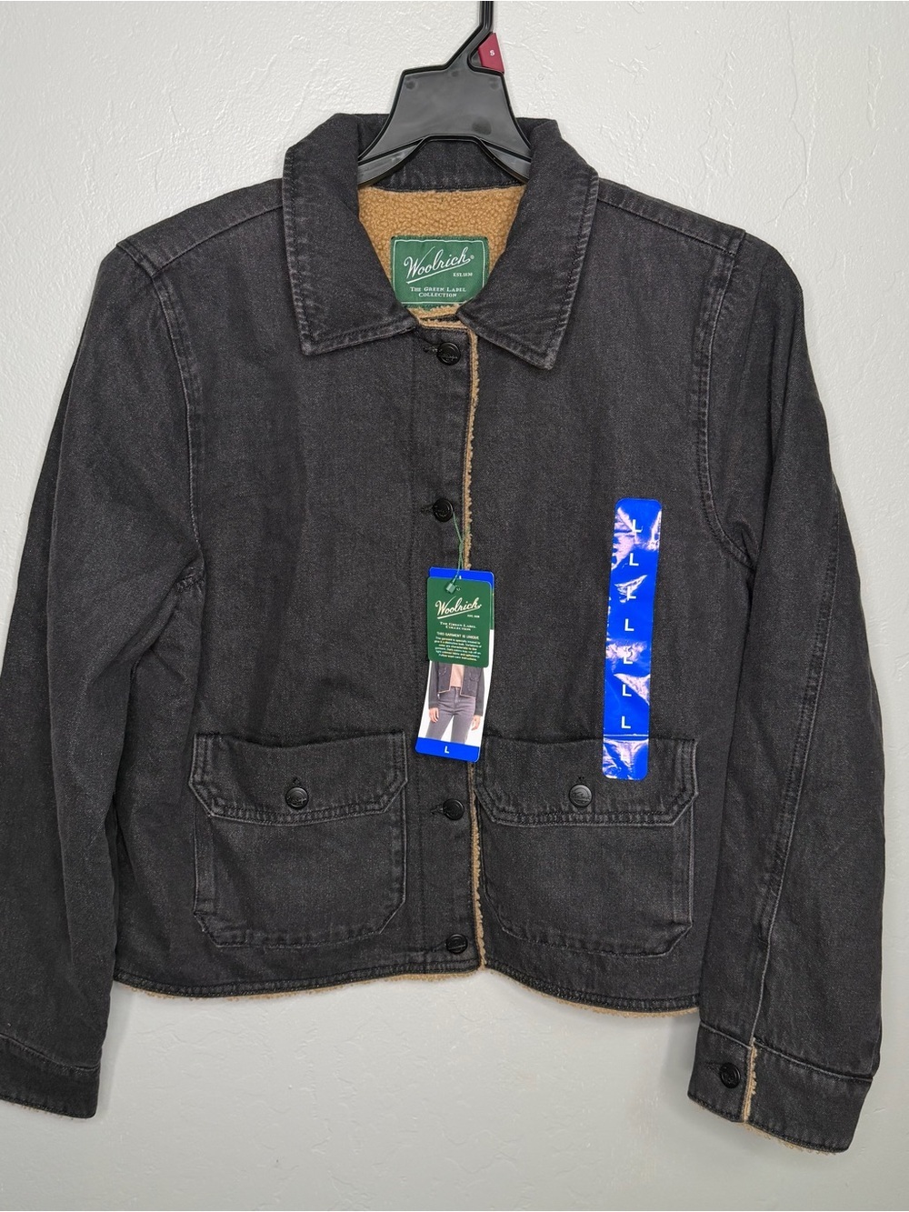 Woolrich Womens Winter Black Denim Jacket With Brown Sherpa Lining Sz L